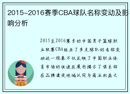 2015-2016赛季CBA球队名称变动及影响分析